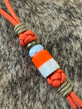 Hunter Orange Paracord Knife Lanyard with Elk Antler and Orange Glow Resin Bead Accented by White Turquoise, Brass, and Coyote Tan Mini Cord Wrap