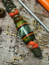 Coyote Tan, Hunter Orange, and OD Green Paracord Knife Lanyard with Dyed Burl, Black G10, Orange G10, and Green "Swamp" Resin Bead Accented by Brass & Tiger's Eye