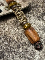 Sculpted Amboyna Burl Wood Bead Knife Lanyard On Fall Camo Paracord with FDE Cobra Wrap, Tiger's Eye Spacers, and Copper Rings