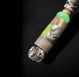 Black & White Glow In The Dark Paracord Knife Lanyard with Green Anodized Spiral Spacer and Handmade Gray Maple, Green Glow Resin, and Black/White Swirl Resin Puzzle Bead Accented by Brass & Jade Green