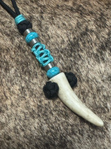 Elk Tine Knife Lanyard On Black 550 Cord with Stainless Accents and Turquoise Mini Cord Cobra Wrap