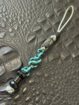 Gray, Black, and Turquoise Mini Cord Knife Lanyard with Hanging Bat Bead, Spiral Column, and Faceted Bead