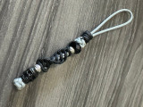Gray Mini Cord Knife Lanyard with Black Spiral Wrap, Two-Sided Metal Skull, Faceted Beads, and Textured Metal Spacers