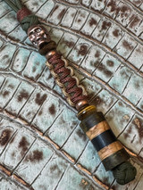 Dyed Green Burl, Whiskey Barrel, and Dark Ironwood Spindle Bead Knife Lanyard on OD Green Paracord with Two-Tone Cobra Wrap, Copper Skull, and Tiger's Eye