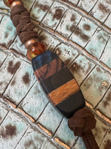 Deep Blue & Copper Cross Shield Leather Knife Lanyard with Stabilized Blue Burl, Zebra Wood, and Dyed Green Burl Handmade Bead
