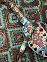 Leather Knife Lanyard with Polished Brass, Turquoise, and Jack Daniel's Whiskey Barrel, Crushed Turquoise, and Elk Antler Split Bead