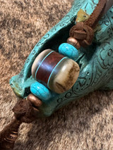 Leather Shorty Knife Nub with Ironwood, Ram's Horn, and Tiffany Blue G10 Liner Handmade Bead Accented by Copper and Turquoise