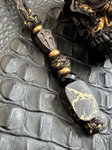 Handmade Black with Gold Web Polished Tru-Stone Bead Knife Lanyard on Black & Gold Paracord with Brass Accents and Hammered Black Shield Cross