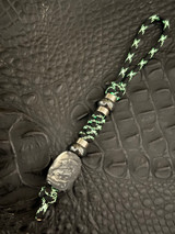 Black & White Glow Cord Knife Lanyard with Stainless, Hematite, and Handmade "Black Marble" Acrylic Pendant Bead
