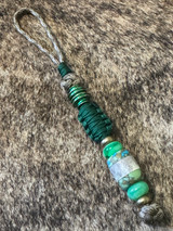 Green Brass Spindle Bead Knife Lanyard with Green Double Wrap, Brass, Jade Green Spacers, and Dragon Skin Tru-Stone & Elk Antler Split Bead