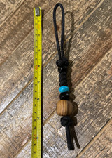 Olive Wood Bead Knife Lanyard with Black Paracord, Black Accent Beads and Turquoise Accent Bead
