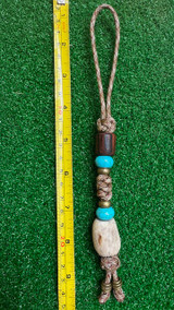 Desert Ironwood Bead Knife Lanyard with Large Polished Elk Antler, Turquoise, and Brass Accents on Desert Camo Paracord