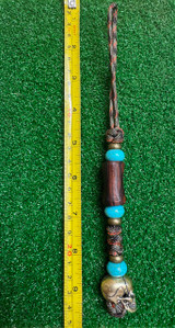 Desert Ironwood Bead Knife Lanyard with Large Brass Skull, Turquoise, and Brass Spacers on Fall Camo Paracord