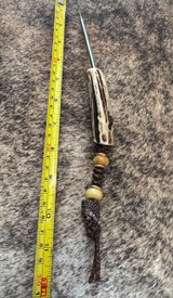 Handmade Gnarly Bark Collection Deer Antler Handle Spike with Yellow Jade and Copper Skull Chief EDC Bead Lanyard