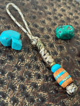 Gold Web Turquoise Tru-Stone and Koa Wood Split Bead Knife Lanyard with Brass Wrapped Feather Bead on Desert Camo Paracord
