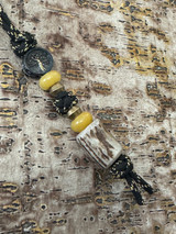 Large Handmade Deer Antler Bead Knife Lanyard on Black/Gold Paracord with Yellow Jade, Brass Accents, and Double Sided Medallion Bead