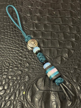 Stainless Steel Compass Bead Knife Lanyard On Turquoise-Black Paracord with Opalite Accents and Dyed Curly Maple, Ebony Wood, and Mother of Pearl Resin Handmade Bead