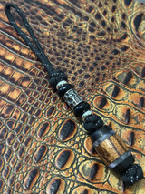 Zebrawood, Mother of Pearl Resin, and Ironwood Split Bead Knife Lanyard with Onyx and Silver Metal Accents