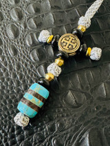 Brass Cross Medallion and Gold Web Turquoise/Buckeye Burl Split Bead Lanyard with Brass Liners