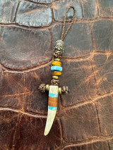Handmade Koa Wood and Larimar Tru-Stone Split Elk Tine Cross Knife Lanyard with Brass Skull Chief and Tiger's Eye Accents