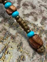 Grooved Highly Figured Koa Wood Bead Lanyard with Turquoise & Brass Accents