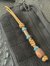 Handmade Walnut Wood Grooved Channel Bead Lanyard with Malachite and Copper Accents