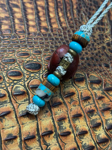 Gold Web Turquoise, Bocote Wood, and Mother of Pearl Custom Lanyard with Templar Cross, Turquoise, and Brass Accents