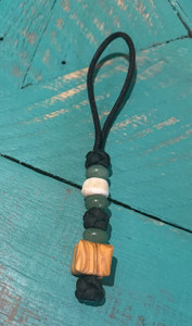 Elk Antler and Shaped Olive Wood Bead Black Paracord Knife Lanyard with Aventurine Accents Elk Antler and Shaped Olive Wood Bead Black Paracord Knife Lanyard with Aventurine Accents