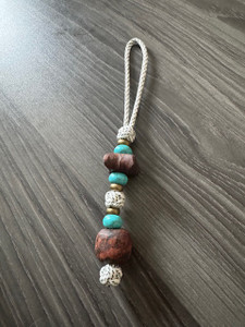 Dyed Maple Burl Wood Shaped Beads with Turquoise and Brass Accents On Arctic White Paracord Knife Lanyard Dyed Maple Burl Wood Shaped Beads with Turquoise and Brass Accents On Arctic White Paracord Knife Lanyard