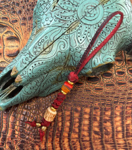 Burgundy Red Weathered Lace Leather with Blown Glass and Deer Antler Beads Accented by Gold Spacers Burgundy Red Weathered Lace Leather with Blown Glass and Deer Antler Beads Accented by Gold Spacers