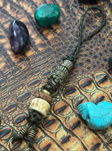 OD Green Rope Leather Knife Lanyard with Brass Skull Chief, Handmade Teak and Deer Antler Beads OD Green Rope Leather Knife Lanyard with Brass Skull Chief, Handmade Teak and Deer Antler Beads