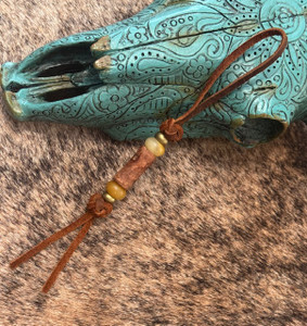 Cowboy Brown Lace Leather Shorty Knife Nub with Handmade Burl Wood Spindle Bead, Yellow Jade, and Brass Accent Beads Cowboy Brown Lace Leather Shorty Knife Nub with Handmade Burl Wood Spindle Bead, Yellow Jade, and Brass Accent Beads