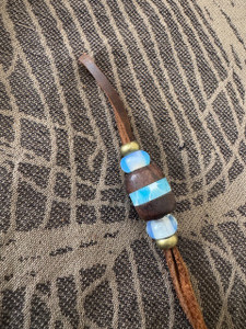 DIY Knife Lanyard Kit - Brown Leather Cordage with Walnut/Larimar Tru-Stone Split Bead, Opal Accents, and Brass Spacer Beads DIY Knife Lanyard Kit - Brown Leather Cordage with Walnut/Larimar Tru-Stone Split Bead, Opal Accents, and Brass Spacer Beads