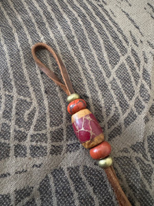 DIY Knife Lanyard Kit - Brown Leather Cordage with Brass Spacers, Red Jasper, and Maple Burl/Red with Gold Web Tru-Stone Split Bead DIY Knife Lanyard Kit - Brown Leather Cordage with Brass Spacers, Red Jasper, and Maple Burl/Red with Gold Web Tru-Stone Split Bead