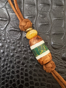 Leather Shorty Knife Nub with Amboyna Burl, Elk Antler, and Arizona Jade Tru-Stone Split Bead Accented by Yellow Jade and Brass Leather Shorty Knife Nub with Amboyna Burl, Elk Antler, and Arizona Jade Tru-Stone Split Bead Accented by Yellow Jade and Brass