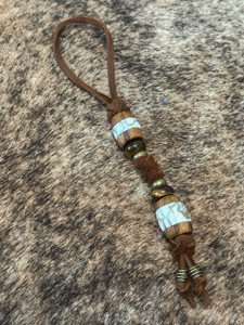 Teak and Gold Web Tru-Stone Split Bead Knife lanyard with Brass and Tiger's Eye Accents on Leather Teak and Gold Web Tru-Stone Split Bead Knife lanyard with Brass and Tiger's Eye Accents on Leather