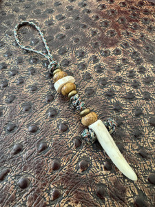 Forest Camo Mini Cord Knife Lanyard with Handmade Elk Antler Tine Bead, Picture Jasper & Brass Spacer Accents Forest Camo Mini Cord Knife Lanyard with Handmade Elk Antler Tine Bead, Picture Jasper & Brass Spacer Accents