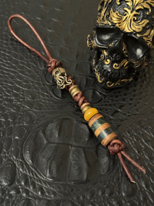 RESERVED - Rustic Wood and Deep Green Resin Split Bead Leather Knife Lanyard with Brass Octopus Skull Bead, Copper and Brass Spacers, and Deep Yellow Jade Spacer RESERVED - Rustic Wood and Deep Green Resin Split Bead Leather Knife Lanyard with Brass Octopus Skull Bead, Copper and Brass Spacers, and Deep Yellow Jade Spacer