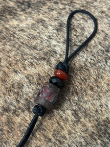 Black Mini Cord Pocket Knife Lanyard with Stabilized Dyed Maple and Red/Gray Swirl Resin Split Bead Accented by Faceted Black Bead and Red Carnelian