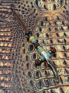 Tribal Eagle and Handmade Double Tine Deer Antler Bead Knife Lanyard with Yellow Jade & Aventurine Spacers on Copper Mini Cord