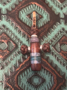 Copy of Handmade Snakewood, Mother of Pearl Resin, and Dyed Curly Maple Cross Pendant with Antler Passthrough Ring