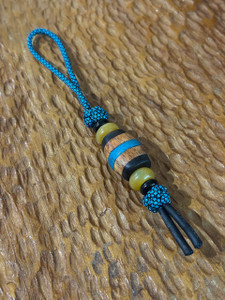 Ebony, Koa, and Dyed Curly Maple Handmade Split Bead Shorty Paracord Knife Nub with Yellow Jade and Onyx Accents