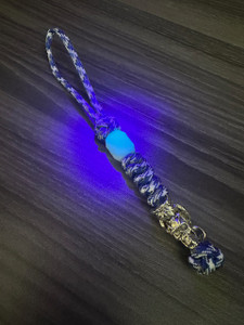Tri-Color Blue Paracord and Glow In The Dark Bead Knife Lanyard with Silver Metal Owl Perched On Skull Bead