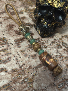 Custom Brass Pirate Skull Lanyard with Aventurine, Brass Cross Medallion, and Handmade Walnut and Ember Resin Split Bead with Brass Liners