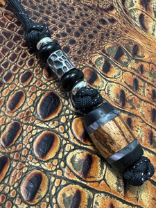 Zebrawood, Mother of Pearl Resin, and Ironwood Split Bead Knife Lanyard with Onyx and Silver Metal Accents