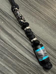 Stainless Crowned Skull and Snake Bead Lanyard with Ebony, Turquoise Tru-Stone, and Mother of Pearl Resin Handcrafted Split Bead