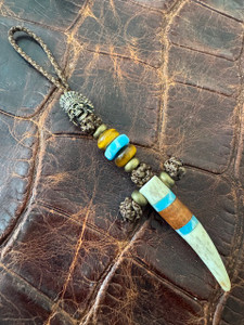 Handmade Koa Wood and Larimar Tru-Stone Split Elk Tine Cross Knife Lanyard with Brass Skull Chief and Tiger's Eye Accents