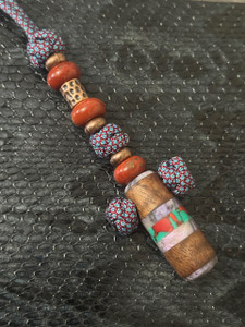 Walnut, Mother of Pearl Resin, and Sonoran Sunset Tru-Stone Cross Bead Knife Lanyard with Red Jade and Copper Accents