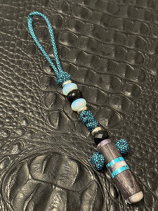 Custom Gray Wood, Mother of Pearl, and Turquoise Tru-Stone Cross Medallion Knife Lanyard