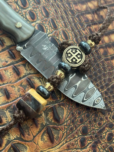 Brass Cross Medallion Knife Lanyard with Buckeye Burl and Copper Resin Contoured Bead